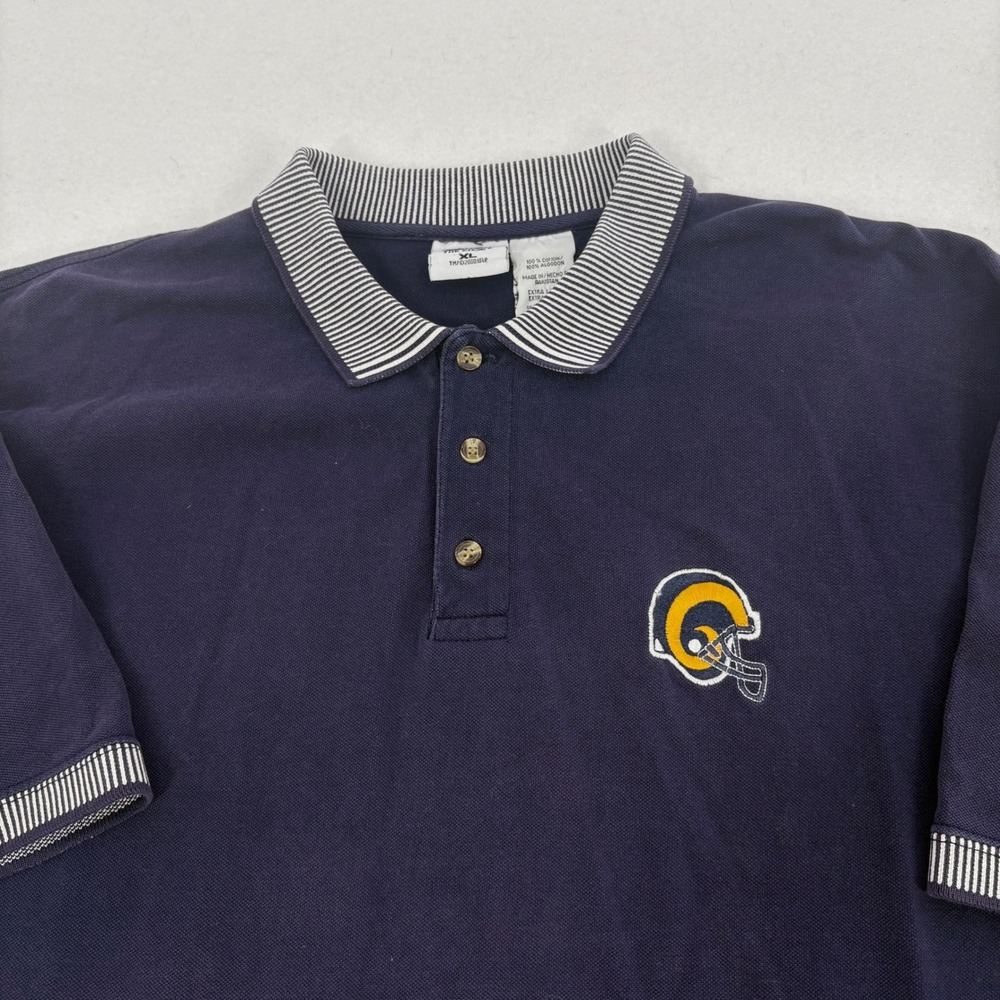 Vintage 90s St. Louis LA Rams Polo Shirt Men XL Blue Striped Collar NFL Football